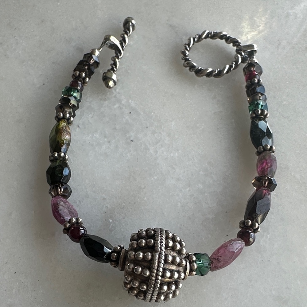 Elegant Sterling Silver and Multicolor Semi-Precious Beaded Bracelet